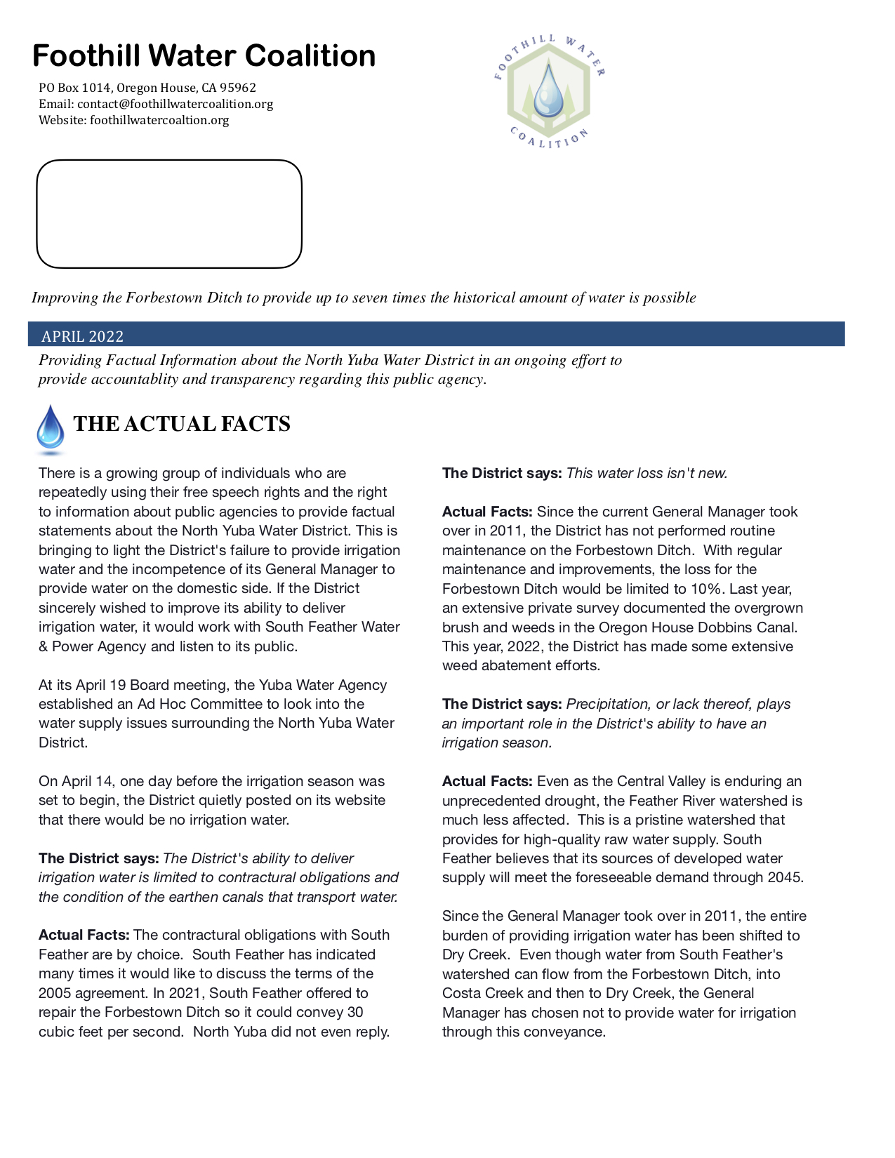 Foothill Water Colalition July 7 2021 Newsletter